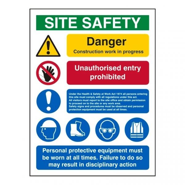 construction safety sign with site safety graphic & supporting text
