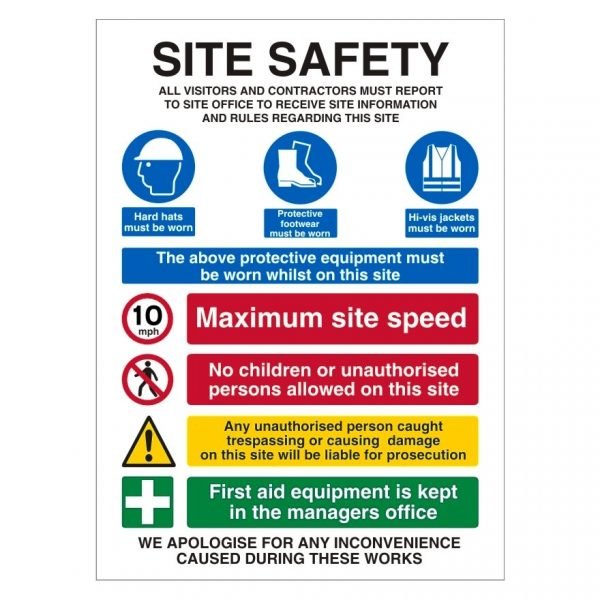 construction safety sign with site safety graphic & supporting text