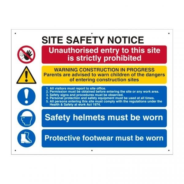 construction safety sign with site safety notice graphic & supporting text