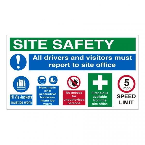 construction safety sign with site safety report to site office graphic & supporting text