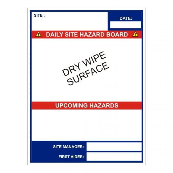 construction safety sign with site board dry wipe laminate graphic & supporting text