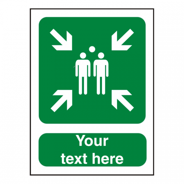 Fire safety sign with assembly point graphic and space for your own text