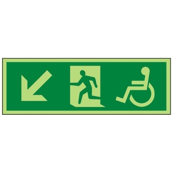 Disabled Running Man Arrow Down Left Photoluminescent Sign