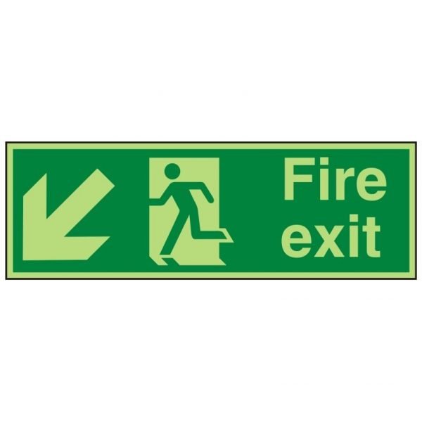 Fire Exit Running Man Arrow Down Left Photoluminescent Sign