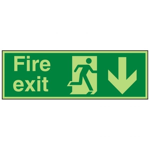 Fire Exit Running Man Arrow Down Photoluminescent Sign