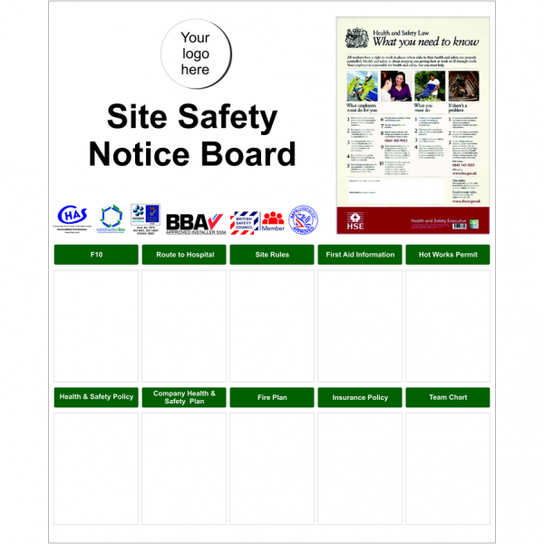 Site Safety Notice Board - custom made to order, includes HSE poster, your logo and accreditations and 10 configurable document wallets
