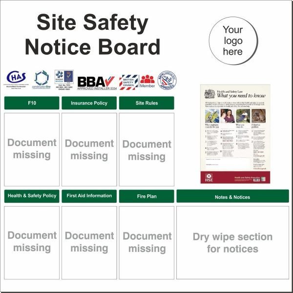 Site Safety Notice board with wallets for safety documents and dry wipe section for notices. Customisable with your company logo